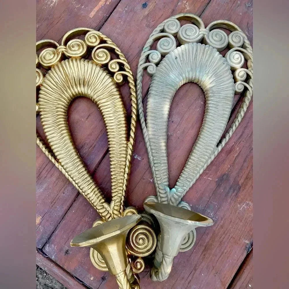 Vtg MCM Home Interior Burwood Copper Tone Candle Wall Sconce Pair Plastic Rattan